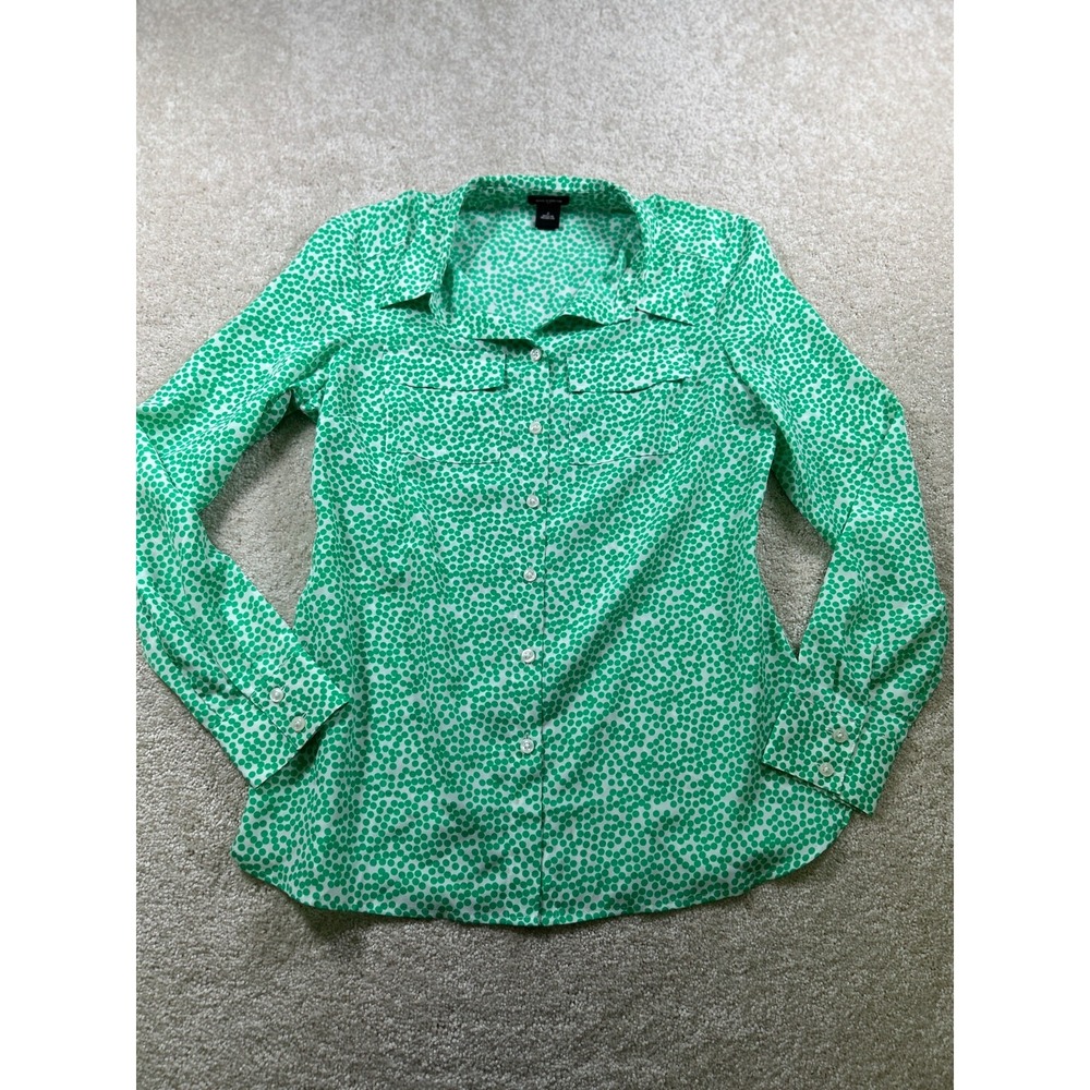 Ann Taylor Womens Size 2 Green Polk‎ Dot Long Sleeve Button Up Collard Blouse